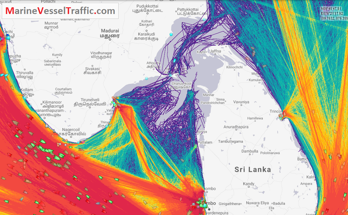 Live Marine Traffic, Density Map and Current Position of ships in GULF OF MANNAR
